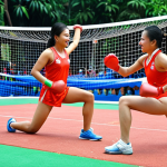 **

Prompt: Thai athletes demonstrating sports skills with precision, bright outdoor setting, emphasizing proper form, safety precautions in foreground. Focus on clear communication, joyful atmosphere. Include elements of popular Thai sports.

**