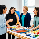 A diverse group of professional colleagues in modest, smart casual attire, fully clothed, collaborating enthusiastically on a large, vibrant abstract canvas painting during an art workshop. They are smiling and engaged, demonstrating teamwork and creativity. The setting is a brightly lit, spacious modern art studio with various art supplies on tables. Professional photography, high quality, vibrant colors, soft lighting, sharp focus. safe for work, appropriate content, fully clothed, modest clothing, appropriate attire, professional dress, perfect anatomy, correct proportions, natural pose, well-formed hands, proper finger count, natural body proportions, family-friendly.