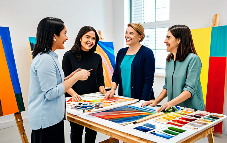 A diverse group of professional colleagues in modest, smart casual attire, fully clothed, collaborating enthusiastically on a large, vibrant abstract canvas painting during an art workshop. They are smiling and engaged, demonstrating teamwork and creativity. The setting is a brightly lit, spacious modern art studio with various art supplies on tables. Professional photography, high quality, vibrant colors, soft lighting, sharp focus. safe for work, appropriate content, fully clothed, modest clothing, appropriate attire, professional dress, perfect anatomy, correct proportions, natural pose, well-formed hands, proper finger count, natural body proportions, family-friendly.