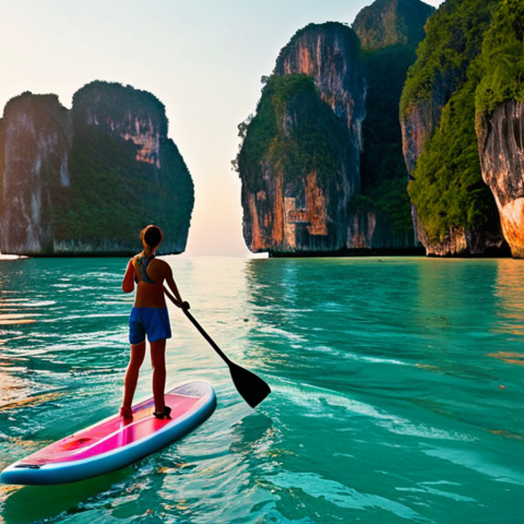 SUP Boarding at Sunset in Krabi**

A lone figure, fully clothed in modest athletic wear, stands on a SUP board, paddling gently across the turquoise waters of Krabi at sunset. Limestone cliffs rise majestically in the background. The sky is ablaze with warm orange and pink hues. Safe for work, appropriate content, professional photography, perfect anatomy, natural proportions, family-friendly, fully clothed, golden hour lighting.

**