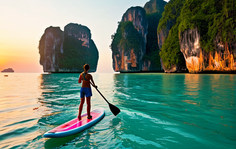SUP Boarding at Sunset in Krabi**
A lone figure, fully clothed in modest athletic wear, stands on a SUP board, paddling gently across the turquoise waters of Krabi at sunset. Limestone cliffs rise majestically in the background. The sky is ablaze with warm orange and pink hues. Safe for work, appropriate content, professional photography, perfect anatomy, natural proportions, family-friendly, fully clothed, golden hour lighting.
**