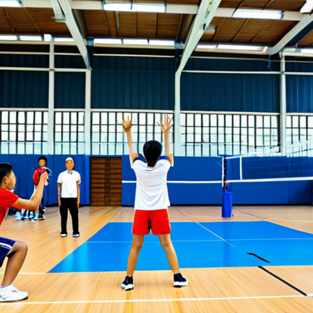 **

"A Thai sports instructor, fully clothed in appropriate athletic wear, demonstrating a proper volleyball technique to a group of enthusiastic students in a bright, modern gymnasium. Safe for work, perfect anatomy, natural proportions, family-friendly, professional sports photography, high quality."

**
