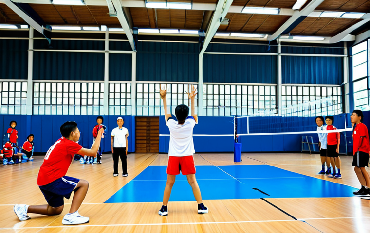 **
"A Thai sports instructor, fully clothed in appropriate athletic wear, demonstrating a proper volleyball technique to a group of enthusiastic students in a bright, modern gymnasium. Safe for work, perfect anatomy, natural proportions, family-friendly, professional sports photography, high quality."
**