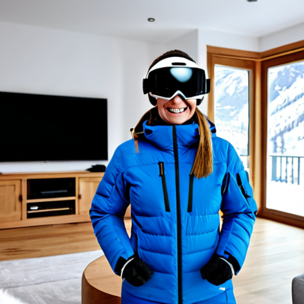 VR Skiing Simulation**

A woman fully clothed in a ski suit and winter gear, wearing a VR headset, smiling and experiencing a skiing simulation in her living room. The background shows a comfortable, family-friendly living space. Safe for work. Perfect anatomy, correct proportions, natural pose. High quality rendering, professional photography, appropriate content.

**