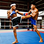 Muay Thai Training**

"A Muay Thai athlete in traditional boxing shorts and Mongkhon headband, practicing a roundhouse kick at a Muay Thai training camp in Bangkok, Thailand. The background features a traditional Thai building. Fully clothed, modest attire, safe for work, perfect anatomy, correct proportions, professional photography, high quality, family-friendly."

**