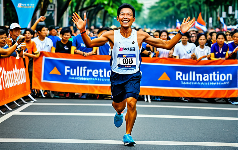 Successful Thai Marathon Runner**
A Thai marathon runner, fully clothed in athletic wear, crossing the finish line with determination and joy in a vibrant Bangkok marathon, surrounded by cheering crowds, appropriate attire, safe for work, perfect anatomy, natural proportions, professional sports photography, high quality.
**