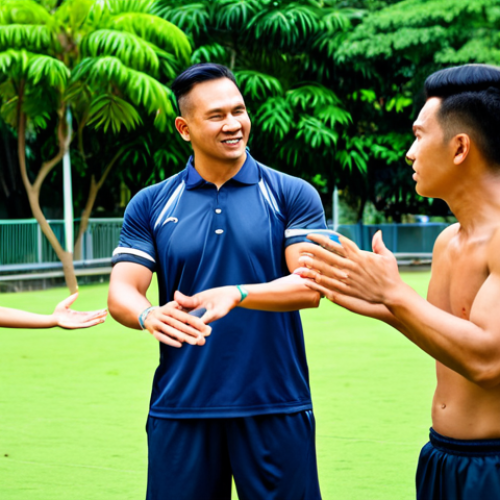 Leisure Sports Training Session**

A group of diverse individuals participating in a Leisure Sports training session at a park in Bangkok, Thailand. They are fully clothed in appropriate athletic attire. The instructor, a professional-looking man in a coaching uniform, is demonstrating a technique. Background includes lush greenery and modern city buildings. Perfect anatomy, natural proportions, well-formed hands, proper finger count, safe for work, appropriate content, fully clothed, professional, family-friendly.

**