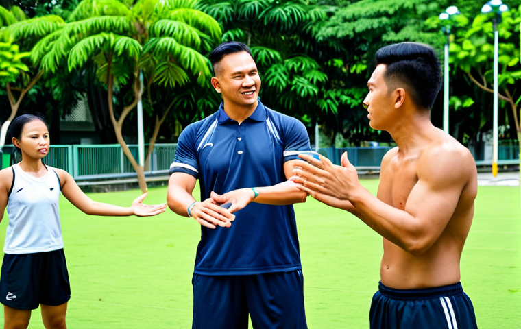 Leisure Sports Training Session**
A group of diverse individuals participating in a Leisure Sports training session at a park in Bangkok, Thailand. They are fully clothed in appropriate athletic attire. The instructor, a professional-looking man in a coaching uniform, is demonstrating a technique. Background includes lush greenery and modern city buildings. Perfect anatomy, natural proportions, well-formed hands, proper finger count, safe for work, appropriate content, fully clothed, professional, family-friendly.
**