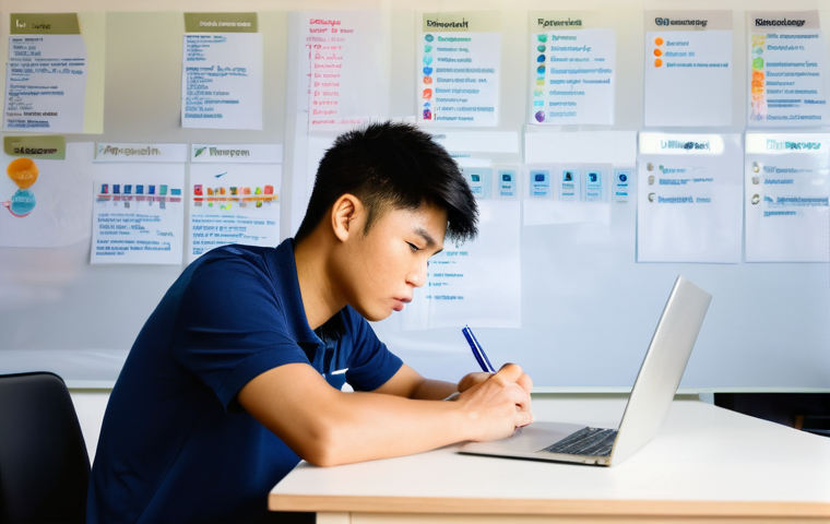 레저스포츠지도자 필기시험 고득점 노하우 - **Image Prompt:** "A determined young Thai man, approximately 20-25 years old, sits at a wooden desk...