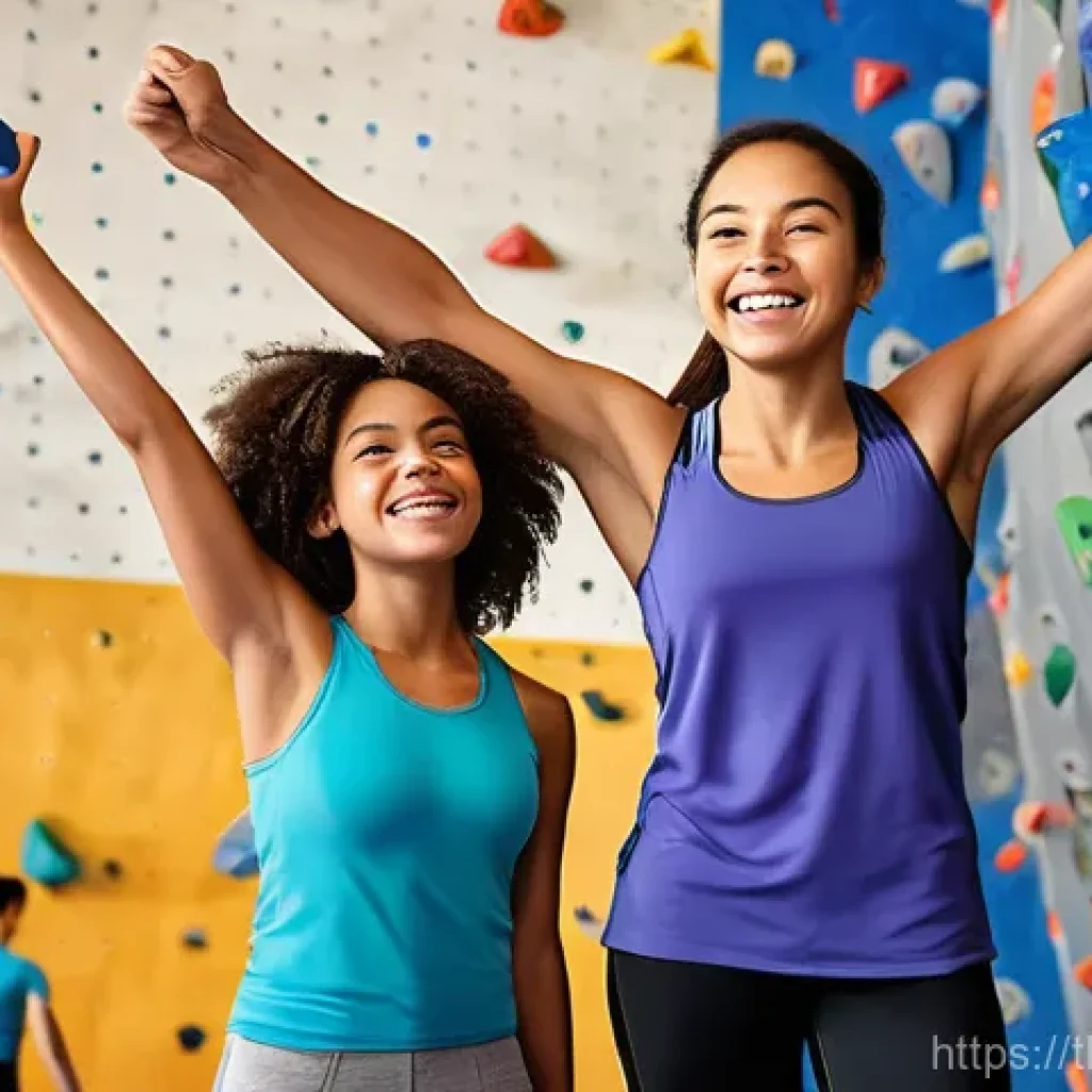 레저스포츠지도자와 직업 만족도 상관관계 - The Joy of Shared Achievement**
* **Prompt**: A vibrant, sunlit indoor climbing gym where a femal...