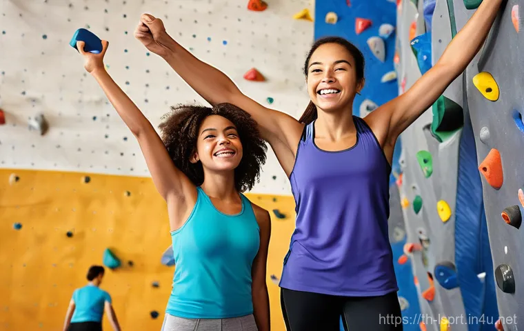 레저스포츠지도자와 직업 만족도 상관관계 - The Joy of Shared Achievement**

*   **Prompt**: A vibrant, sunlit indoor climbing gym where a femal...