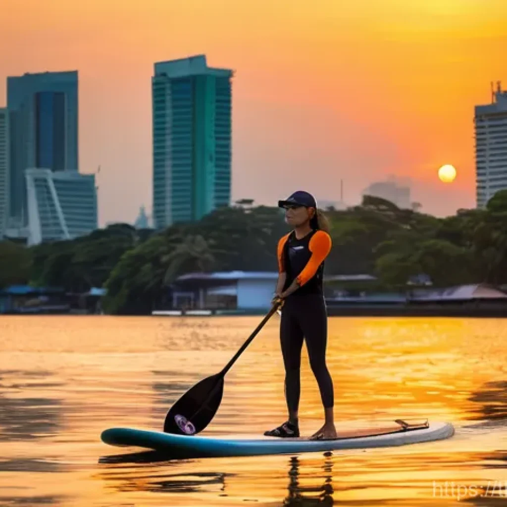레저스포츠지도자와 관련된 문화적 트렌드 - **Prompt 1: Serene Sunset SUP on the Chao Phraya**
A vibrant, medium-shot photograph of a young ...