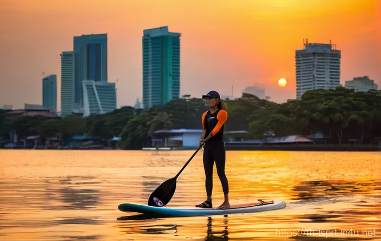 레저스포츠지도자와 관련된 문화적 트렌드 - **Prompt 1: Serene Sunset SUP on the Chao Phraya**
    A vibrant, medium-shot photograph of a young ...