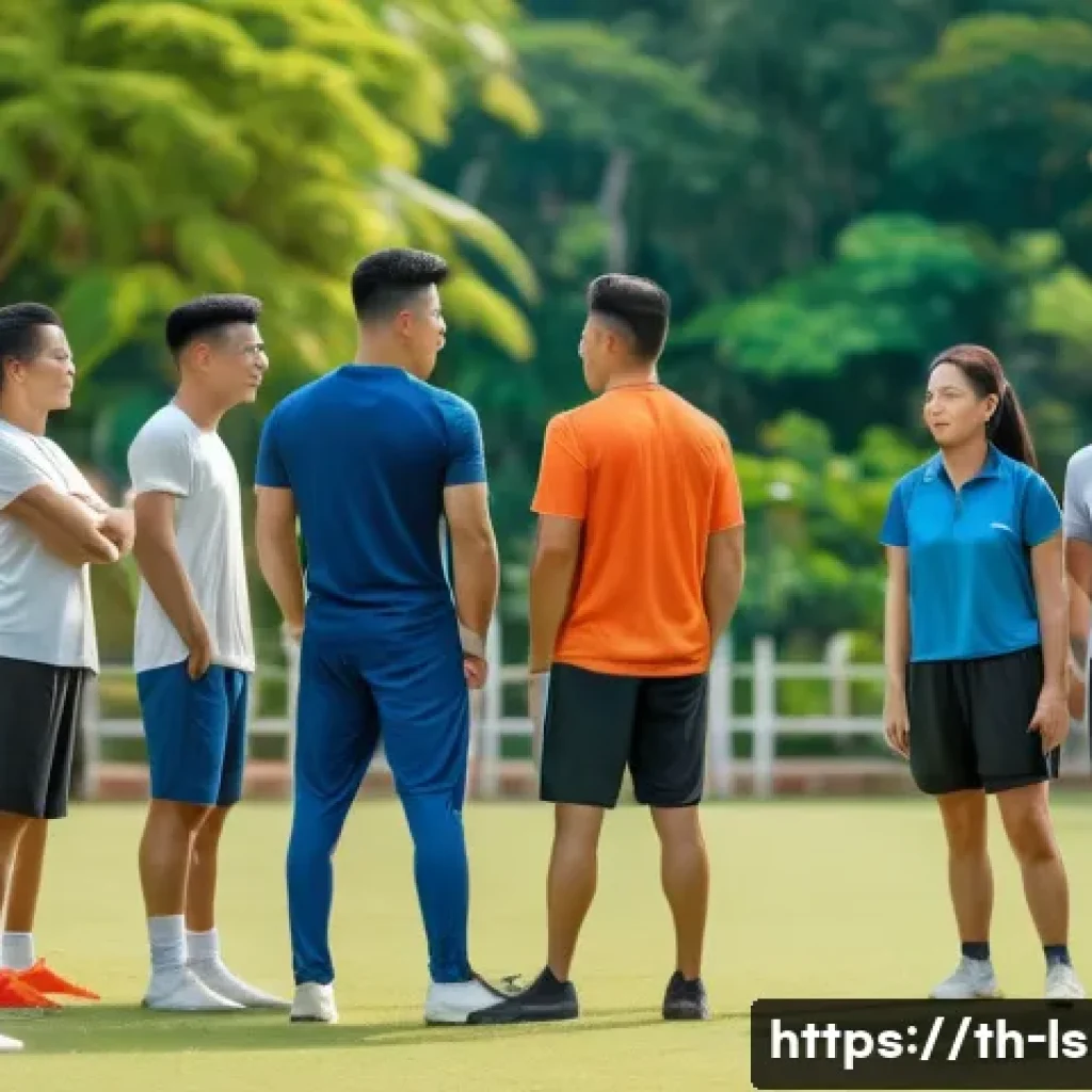 레저스포츠지도자 실무에서의 윤리적 문제와 해결 - A diverse group of amateur athletes and coaches on a sunny outdoor sports field in Thailand, engaged...