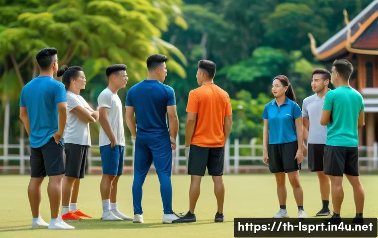 레저스포츠지도자 실무에서의 윤리적 문제와 해결 - A diverse group of amateur athletes and coaches on a sunny outdoor sports field in Thailand, engaged...