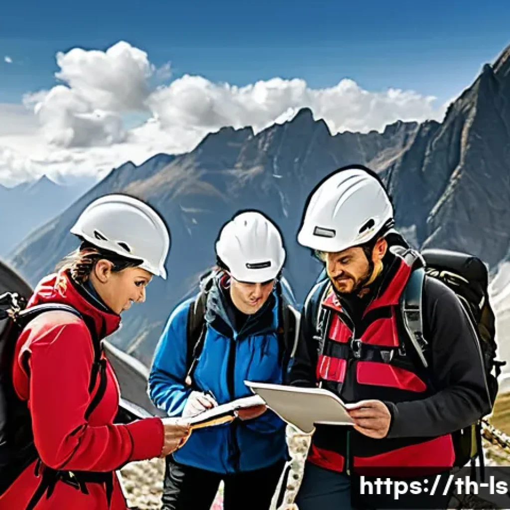 레저스포츠지도자와 실무에서의 리스크 관리 사례 - A detailed outdoor safety planning scene showing a diverse group of adult hikers in standard outdoor...