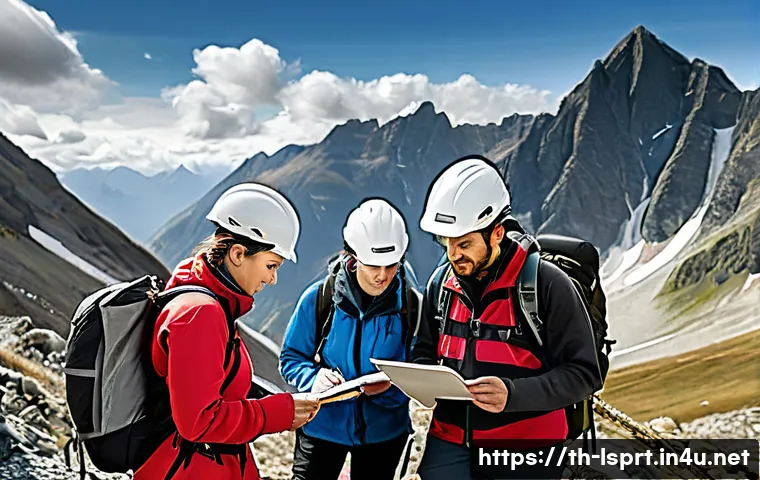 레저스포츠지도자와 실무에서의 리스크 관리 사례 - A detailed outdoor safety planning scene showing a diverse group of adult hikers in standard outdoor...