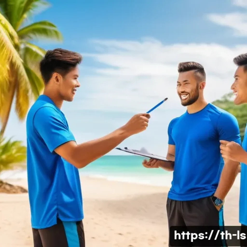 레저스포츠지도자와 관련된 장기적 커리어 목표 설정 - A professional Thai leisure sports instructor conducting a training session outdoors at a tropical b...