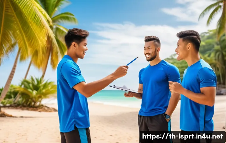 레저스포츠지도자와 관련된 장기적 커리어 목표 설정 - A professional Thai leisure sports instructor conducting a training session outdoors at a tropical b...