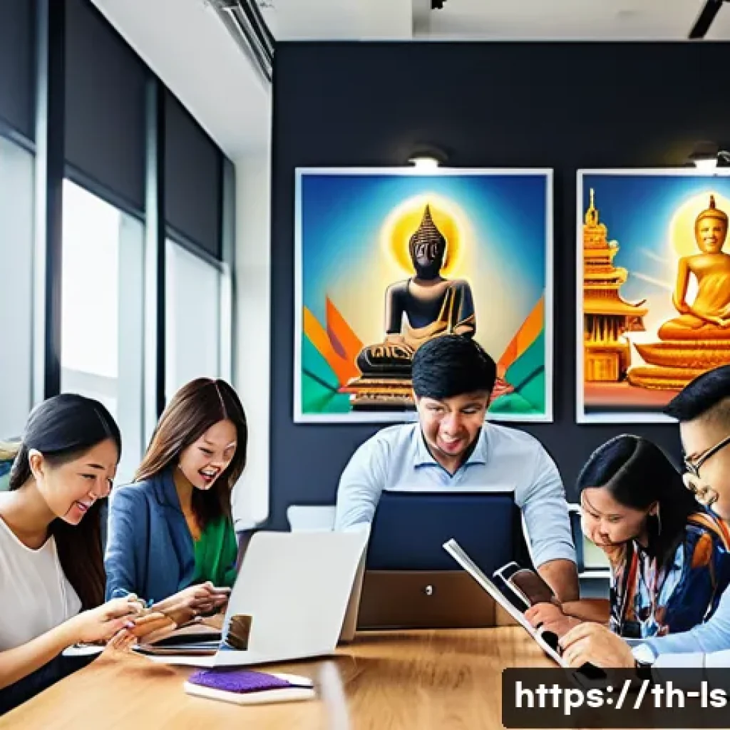 레저스포츠지도자 업무 효율성을 높이는 도구 - A modern leisure sports event planning scene set in a bright Thai office, showing a diverse team of ...