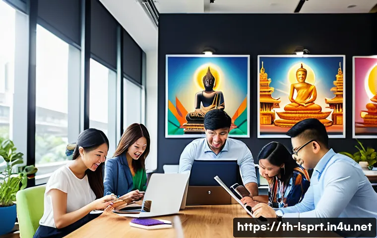 레저스포츠지도자 업무 효율성을 높이는 도구 - A modern leisure sports event planning scene set in a bright Thai office, showing a diverse team of ...