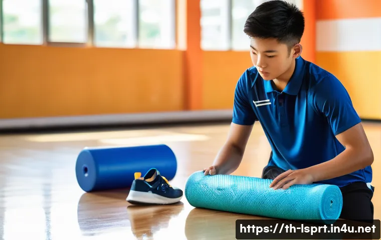 레저스포츠지도자 실기시험 당일 준비물 체크 - A detailed scene of a Thai student preparing sports equipment for an upcoming practical exam in a br...