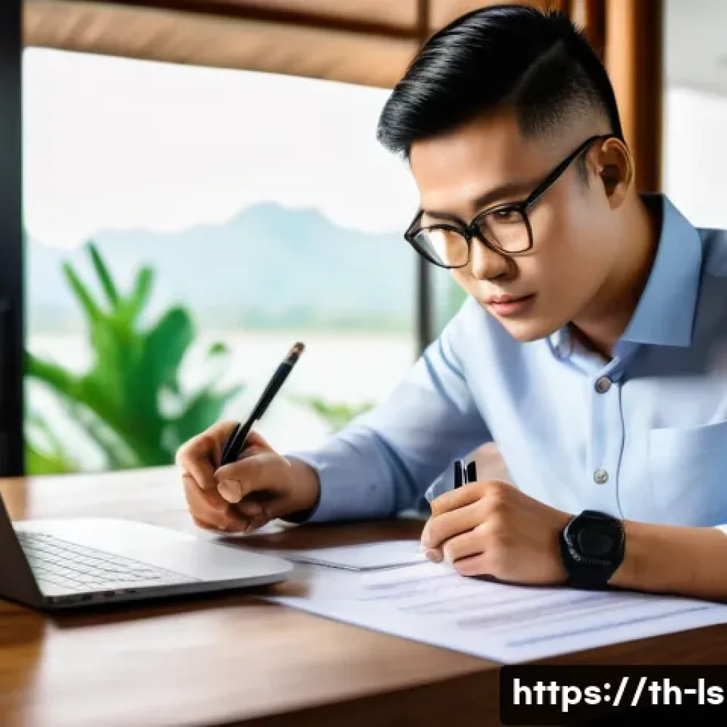 레저스포츠지도자 자격증 갱신 절차 - A professional sports leader in Thailand preparing documents for certificate renewal, sitting at a w...