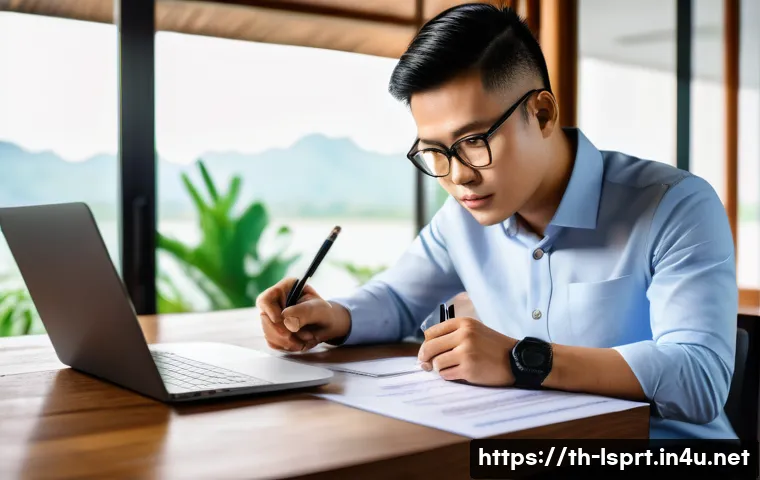 레저스포츠지도자 자격증 갱신 절차 - A professional sports leader in Thailand preparing documents for certificate renewal, sitting at a w...