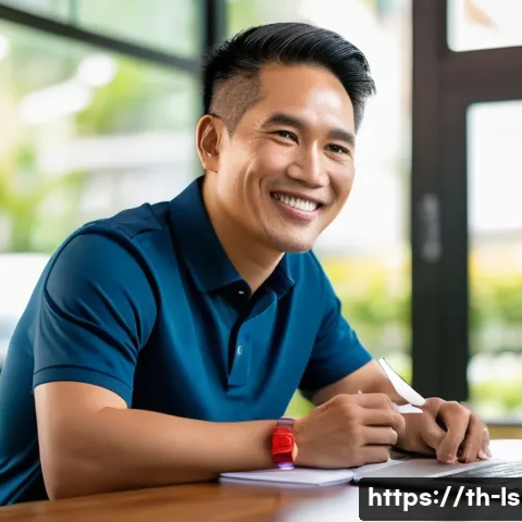 레저스포츠지도자 성공적인 연봉협상 사례 - A confident Thai sports coach in casual professional attire, sitting at a quiet coffee shop table wi...