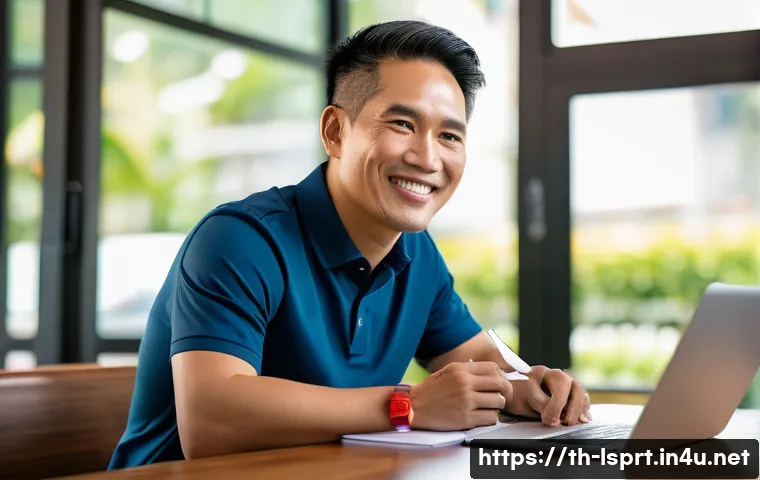 레저스포츠지도자 성공적인 연봉협상 사례 - A confident Thai sports coach in casual professional attire, sitting at a quiet coffee shop table wi...