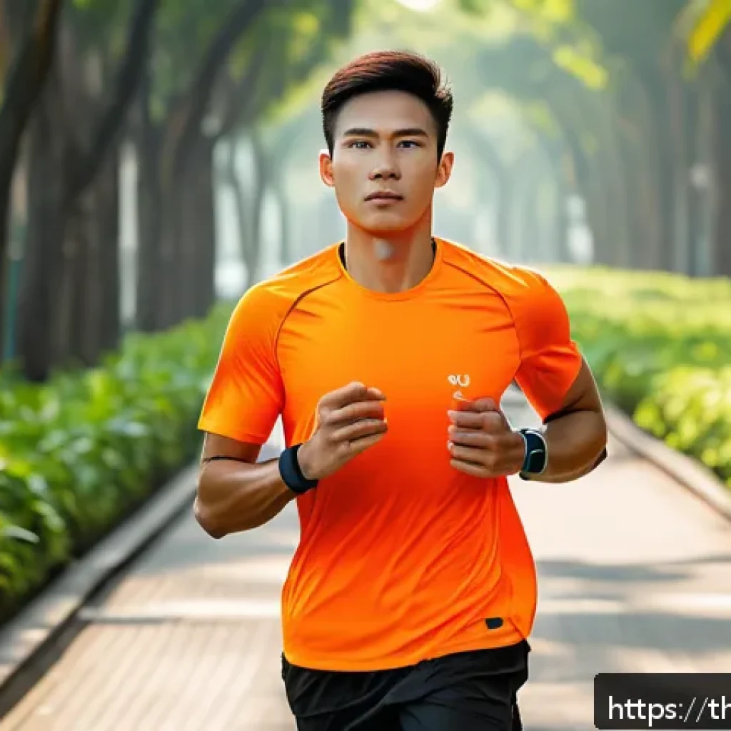 레저스포츠지도자 업무에서 활용하는 최신 기술 - A modern athlete wearing a sleek smart watch and fitness wristband, running on a tropical urban jogg...