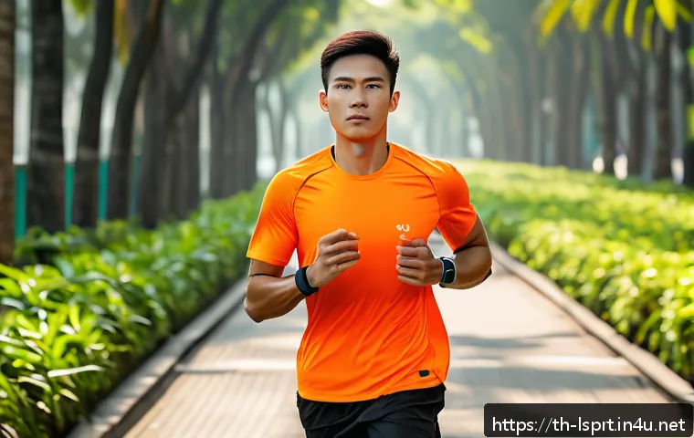 레저스포츠지도자 업무에서 활용하는 최신 기술 - A modern athlete wearing a sleek smart watch and fitness wristband, running on a tropical urban jogg...