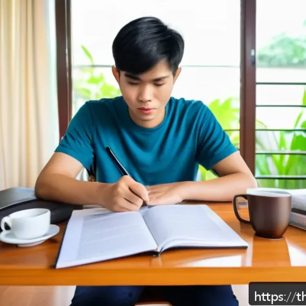 레저스포츠지도자 필기시험 대비 교재 추천 - A detailed study scene of a young Thai adult preparing for a leisure sports certification exam at ho...