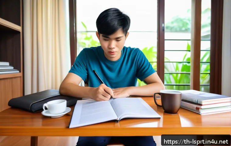 레저스포츠지도자 필기시험 대비 교재 추천 - A detailed study scene of a young Thai adult preparing for a leisure sports certification exam at ho...