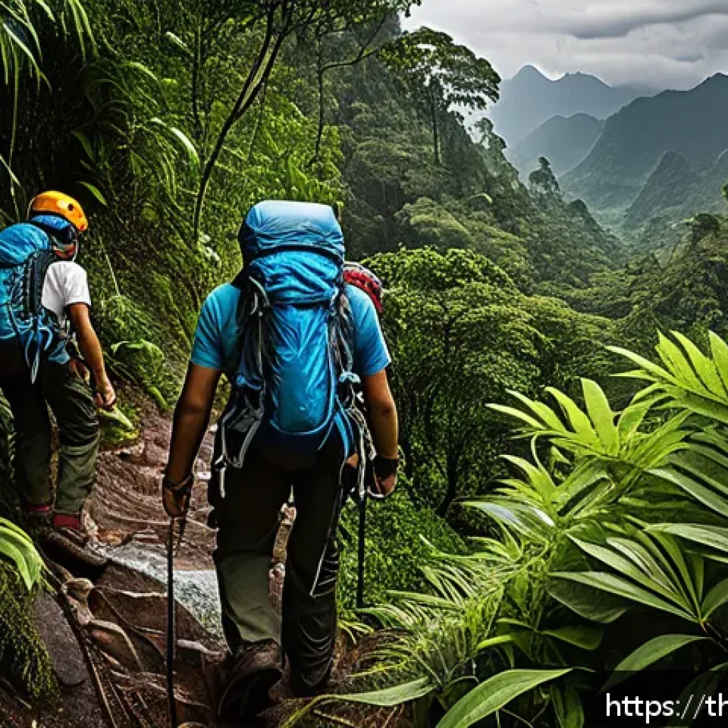 레저스포츠지도자 실무 사례로 배우는 업무 노하우 - A group of adventurous climbers ascending a steep mountain trail in a lush forest environment, weari...