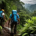 Home 22 레저스포츠지도자 실무 사례로 배우는 업무 노하우 - A group of adventurous climbers ascending a steep mountain trail in a lush forest environment, weari...