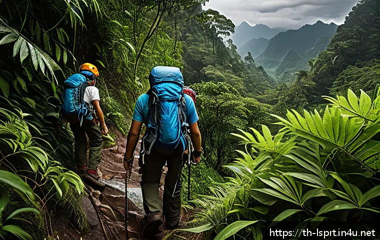 레저스포츠지도자 실무 사례로 배우는 업무 노하우 - A group of adventurous climbers ascending a steep mountain trail in a lush forest environment, weari...
