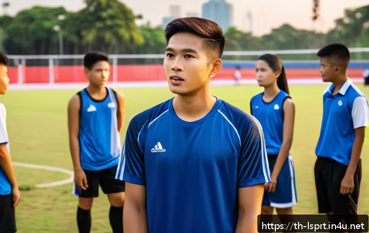 레저스포츠지도자 실기 시험 준비 팁 - A young Thai sports coach in a neat athletic outfit, confidently explaining a game strategy to a div...