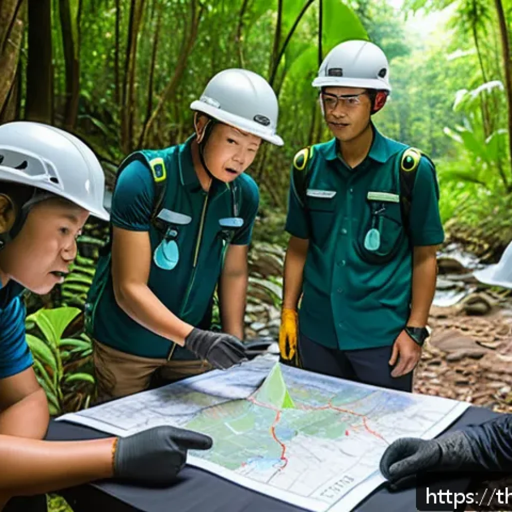 레저스포츠지도자 업무에서 발생하는 안전사고 대처법 - A detailed scene of an outdoor adventure safety briefing in a tropical forest environment, showing a...