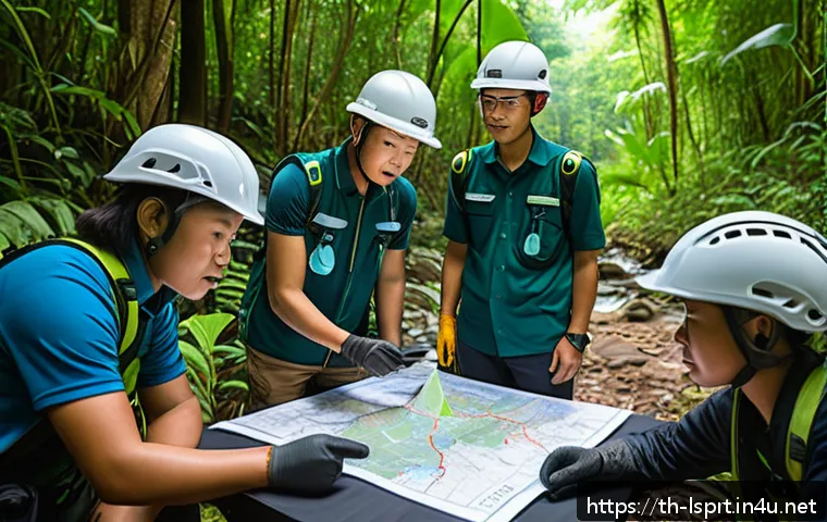 레저스포츠지도자 업무에서 발생하는 안전사고 대처법 - A detailed scene of an outdoor adventure safety briefing in a tropical forest environment, showing a...