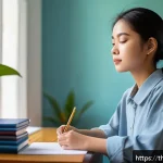 Home 19 레저스포츠지도자 실기시험 대비 멘탈 관리법 - A young Thai student sitting comfortably in a quiet, sunlit room, eyes gently closed, practicing slo...