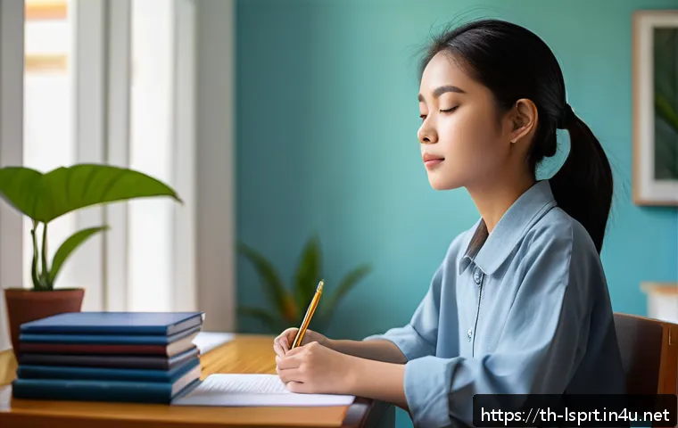 레저스포츠지도자 실기시험 대비 멘탈 관리법 - A young Thai student sitting comfortably in a quiet, sunlit room, eyes gently closed, practicing slo...