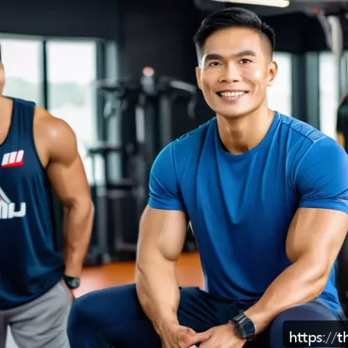 Home 17 레저스포츠지도자와 고객 관리 스킬 - A professional Thai sports coach attentively listening to a diverse group of clients in a modern gym...