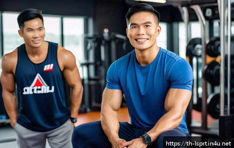 레저스포츠지도자와 고객 관리 스킬 - A professional Thai sports coach attentively listening to a diverse group of clients in a modern gym...