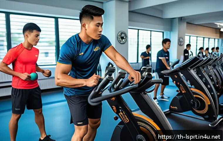 레저스포츠지도자 필수 운동생리학 개념 정리 - A dynamic sports science classroom scene in a modern Thai university gym, showing a diverse group of...