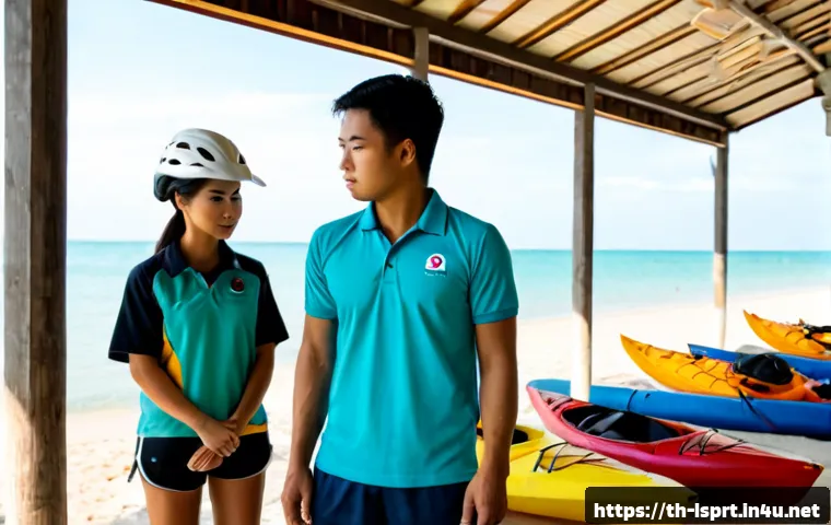 Home 30 레저스포츠지도자 관련 기업 인턴십 프로그램 - Photorealistic Thai leisure sports internship scene at a sunny beachfront activity center, a young a...