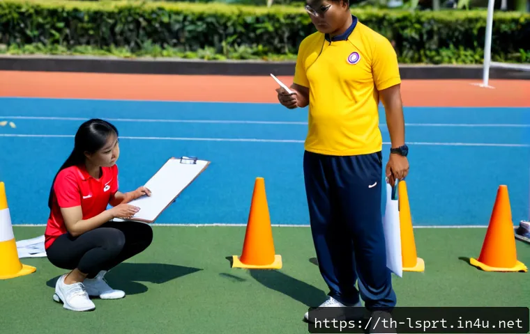레저스포츠지도자 실기시험 감점 요소 분석 - Photorealistic Thai recreational sports instructor practical assessment at an outdoor athletics fiel...